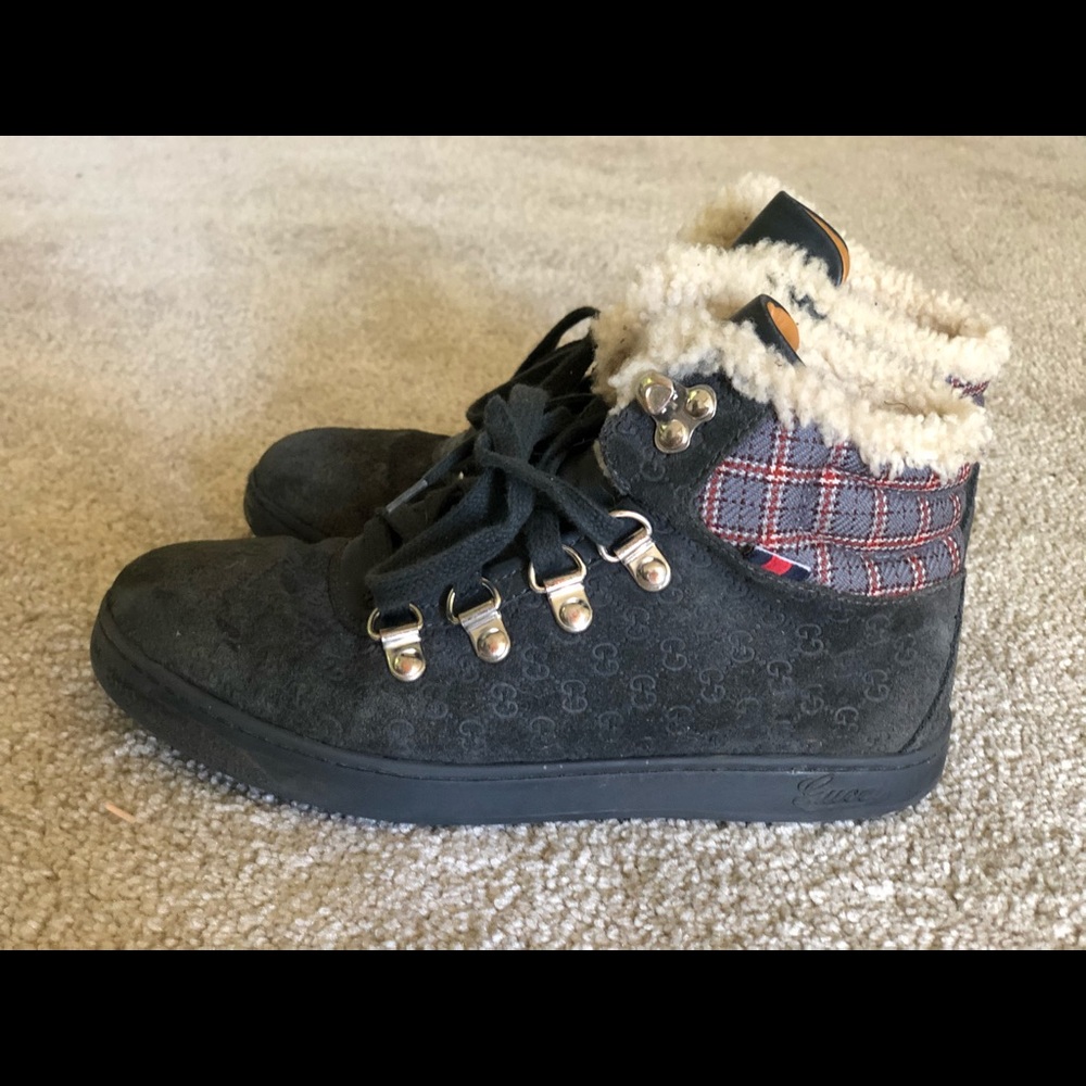 Gucci Kid's Grey Suede Sneaker (Canvas,Fur Trim)